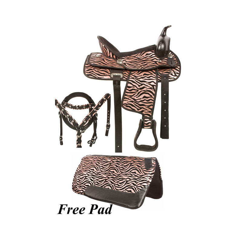 Pink Zebra Synthetic Horse Saddle Tack Package 16