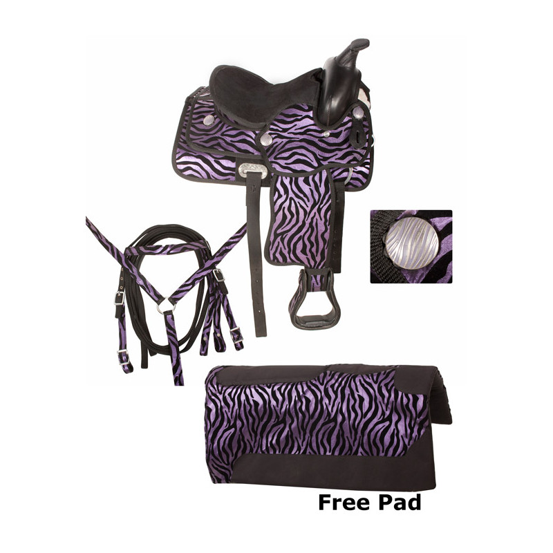 Kids Purple Zebra Synthetic Western Saddle Package 12