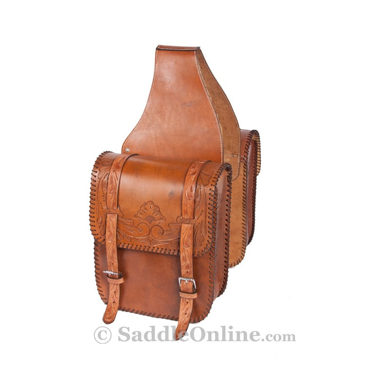 Hand Carved Western Horse Large Leather Saddle Bags Trail Bag