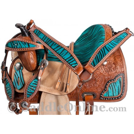 Turquoise Zebra Western Barrel Racing Horse Saddle 15 16
