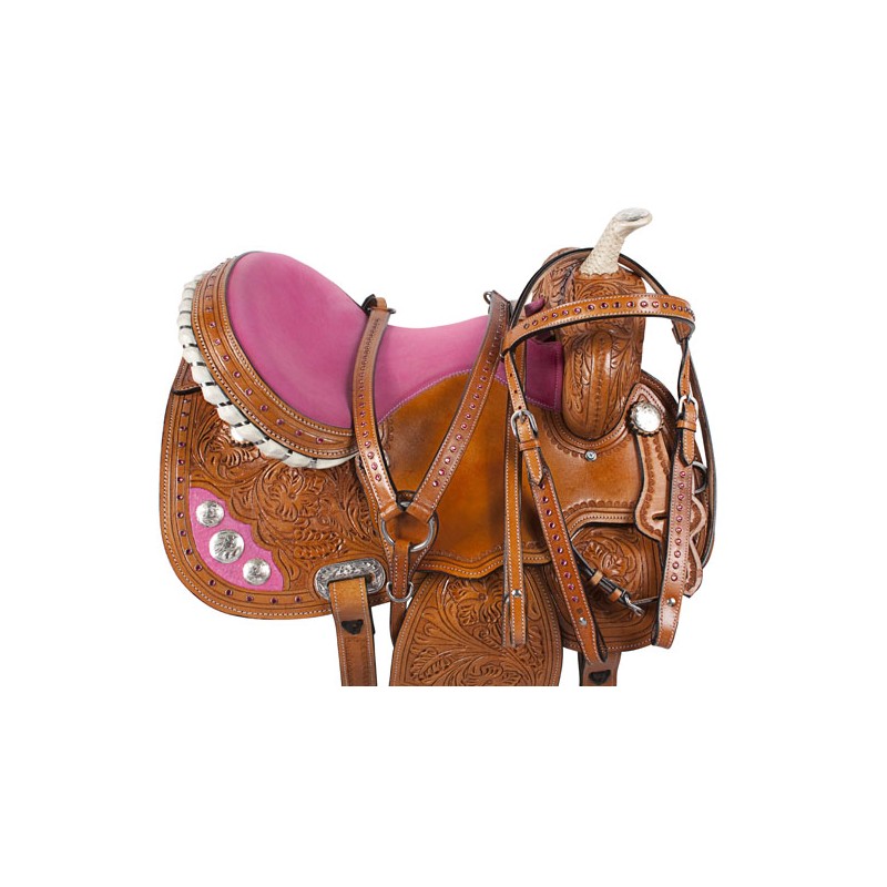 Pink Crystal Tooled Western Barrel Racer Horse Saddle 16