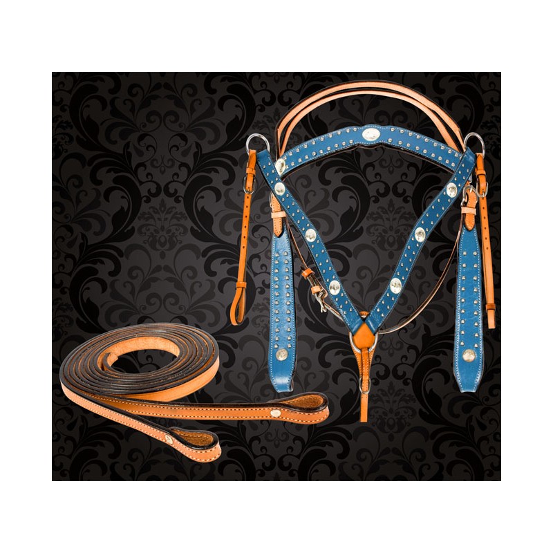 Blue Studded Western Horse Headstall Breast Collar Tack Set