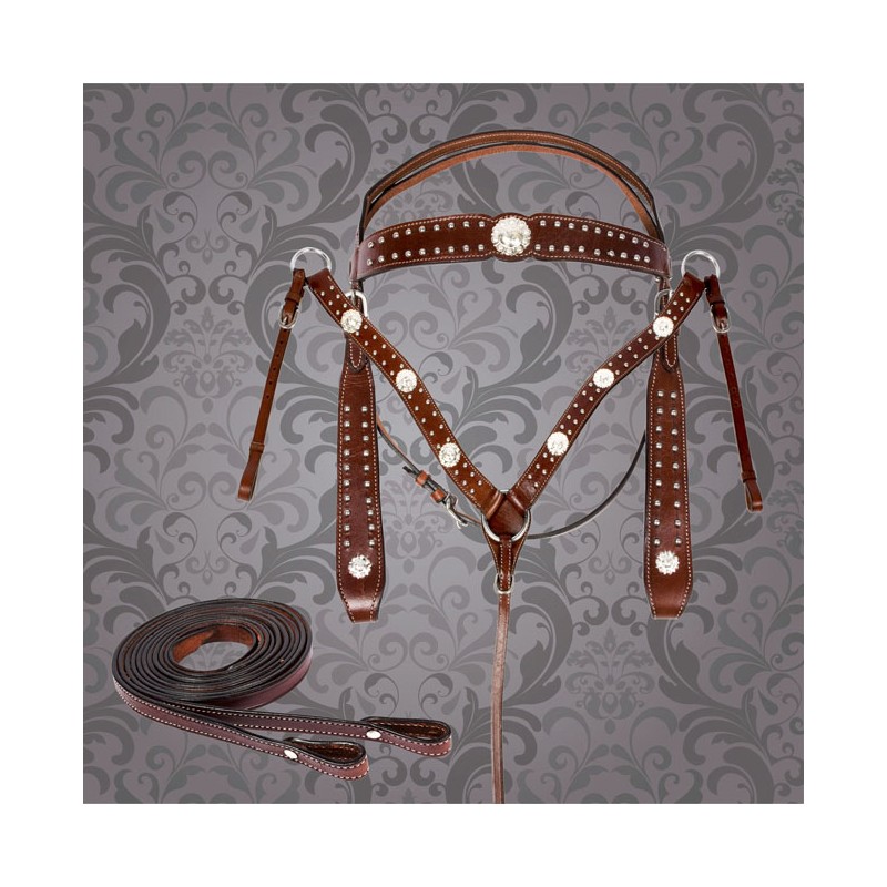Brown Studded Western Horse Headstall Breast Collar Tack Set