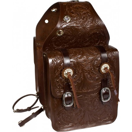 Large Hand Carved Dark Brown Leather Western Saddle Bags