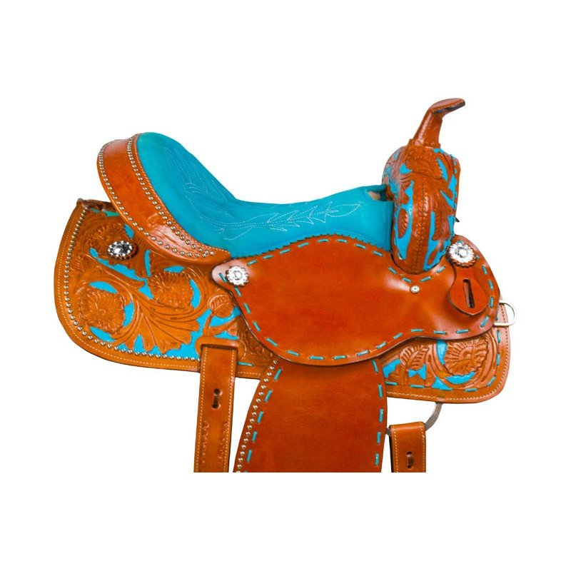 Turquoise Tan Barrel Racer Western Horse Saddle 16