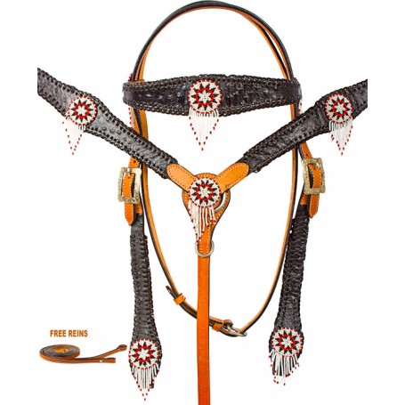 Black Ostrich Western Headstall Bridle Breast Collar Horse Tack