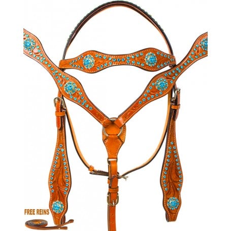 Blingy Blue Crystal Western Bridle Headstall Reins Tack Set