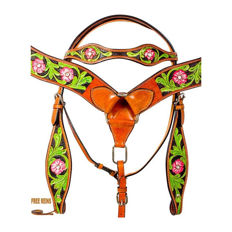 Hand Painted Pink Floral Breast Collar Western Horse Tack Set