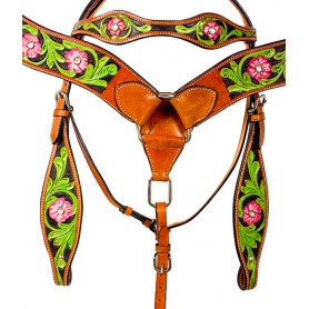 9772 HAND PAINTED PINK FLORAL BREAST COLLAR WESTERN HORSE TACK SET