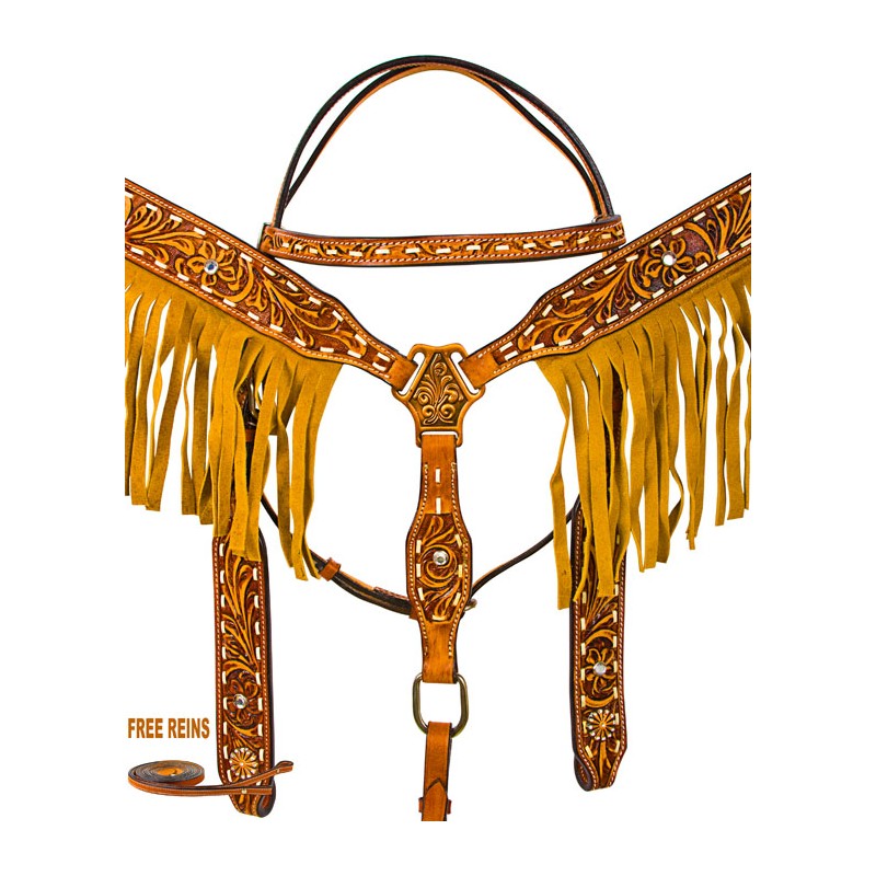 Hand Tooled Fringe Breast Collar Western Horse Bridle Tack Set