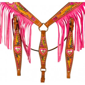 WT1001 Pink Crystal Heart Fringe Leather Western Horse Tack Set