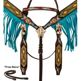 WT1004 Black Beaded Turquoise Fringe Breast Collar Western Horse Tack Set