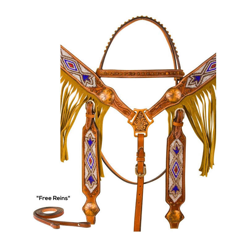 Cowboy Beaded Aztec Fringe Western Headstall Horse Tack Set