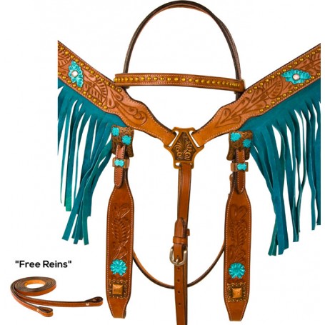 Tooled Turquoise Hand Painted Fringe Western Horse Tack Set