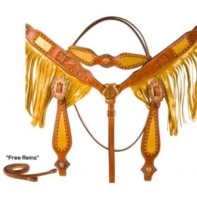 WT1020 Leather Tooled Gold Fringe Breast Collar Western Horse Tack Set