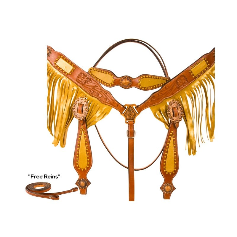 Leather Tooled Gold Fringe Breast Collar Western Horse Tack Set