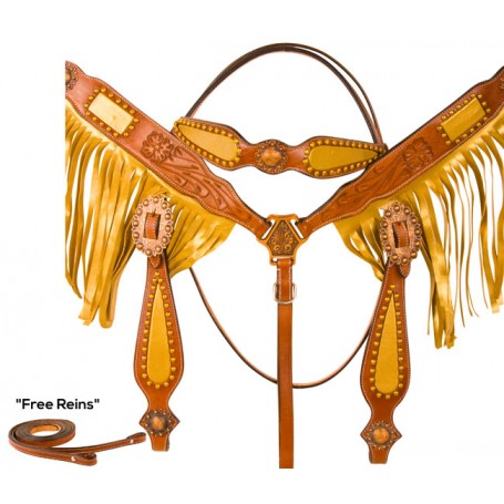 Leather Tooled Gold Fringe Breast Collar Western Horse Tack Set