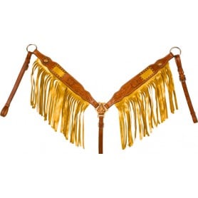 WT1020 Leather Tooled Gold Fringe Breast Collar Western Horse Tack Set