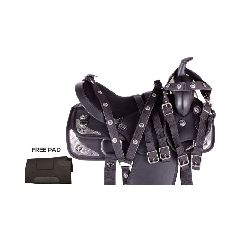 Black Silver Dura Leather Western Horse Saddle Tack 16 18