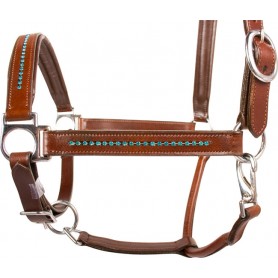 10031 Blue Crystal Brown Leather Adjustable Padded Horse Halter