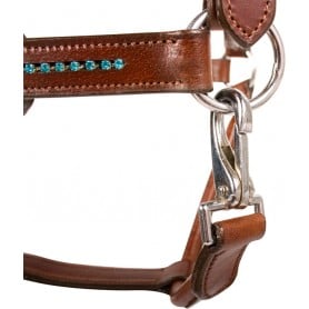 10031 Blue Crystal Brown Leather Adjustable Padded Horse Halter