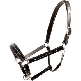 10032 Blue Crystal Black Leather Adjustable Padded Horse Halter