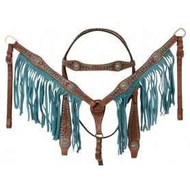 WT10119 Turquoise Crystal Fringe Breast Collar Western Horse Tack Set
