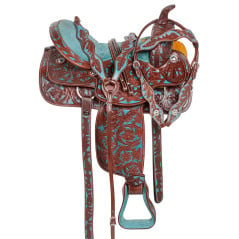 10193 Turquoise Inlay Brown Barrel Horse Western Saddle 14 16