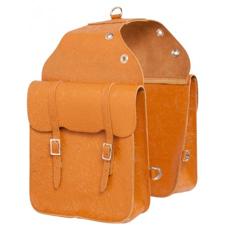 Large Chestnut Tan Leather Tooled Western Saddle Bags