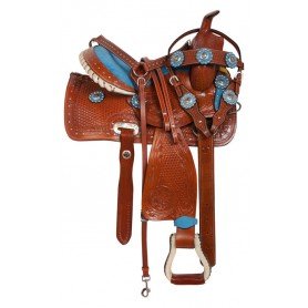 10837 Blue Western Youth Leather Trail Pony Saddle Tack 12 13
