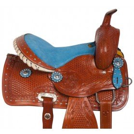 10837 Blue Western Youth Leather Trail Pony Saddle Tack 12 13