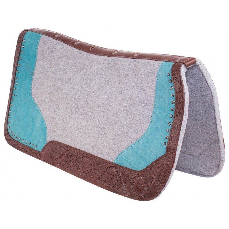 Grey Felt Western Therapeutic Turquoise Bling Leather Tooled Horse Saddle Pad