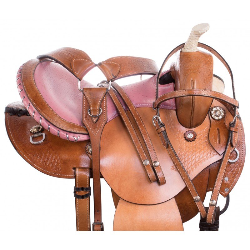 Reins Breast Collar Blue Lake Premium Western Leather Barrel Racing Adult Horse Saddle Tack with Matching Leather Headstall Color : Brown-Magenta Pink Size 14 to 18 Inches Seat Available 
