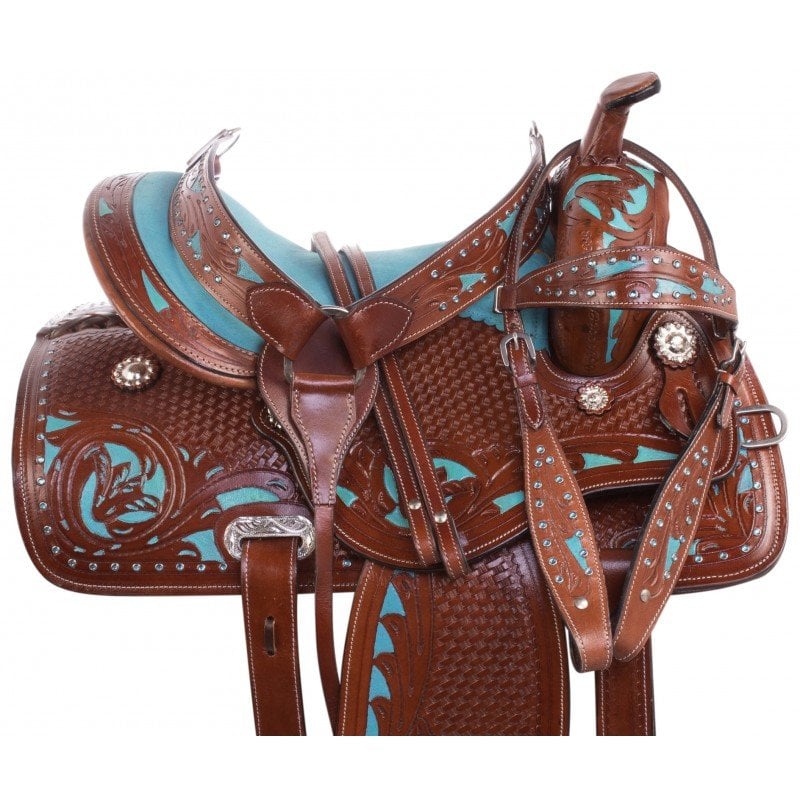 AceRugs Blue Barrel Racing Western Horse Saddle TACK Set Show Trail Leather Tooled Bridle REINS Breast Collar