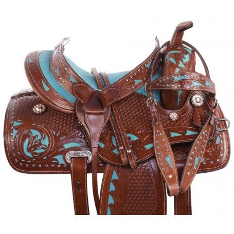 Turquoise Inlay Western Leather Show Barrel Racing Trail Horse Saddle Tack Set