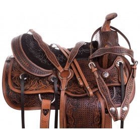 110825 Antique Trail Ranching Western Leather Hand Carved Horse Saddle Tack Package