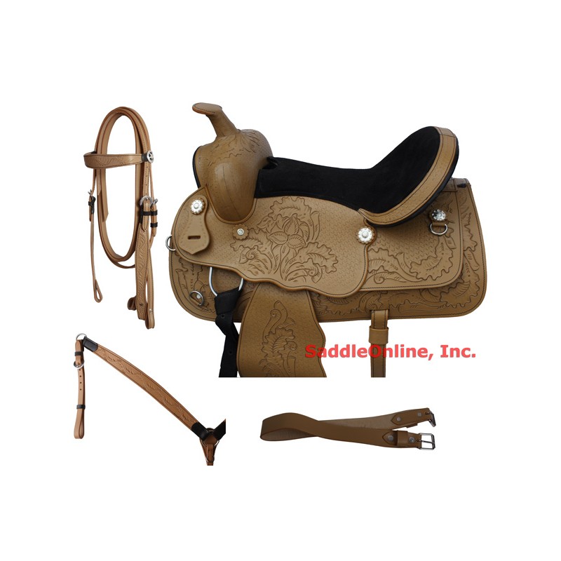 New 15-18 Natural Hand Carved Western Saddle With Tack