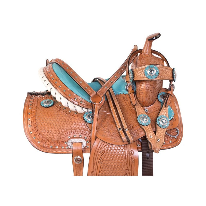 USED 16” TURQUOISE CRYSTAL SHOW HORSE SADDLE WESTERN SYNTHETIC LIGHT WEIGHT