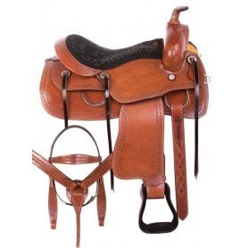 110878 Comfy Western Tooled Pleasure Trail Ranching Leather Horse Saddle Tack Set