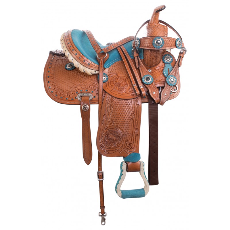 HORSE PONY SADDLE WESTERN TRAIL SHOW CORDURA YOUTH BROWN TEAL TACK 10 12 13 