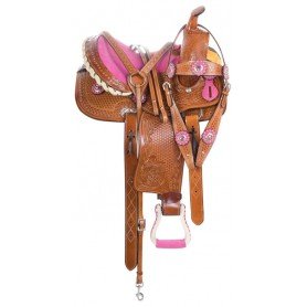 110889 Pink Show Crystal Youth Barrel Racing Western Leather Horse Saddle Tack Set