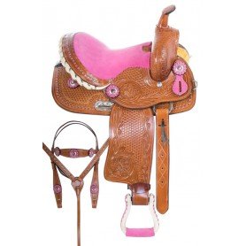 110889 Pink Show Crystal Youth Barrel Racing Western Leather Horse Saddle Tack Set