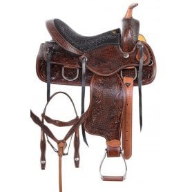 110893 14" Pleasure Trail Hand Carved Antique Oil Western Horse Saddle Tack Set