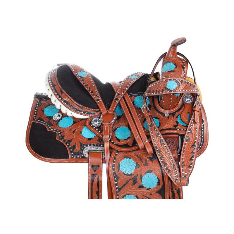 Leather Western Horse Saddle Bags TEAL BEADED INLAY Motorcycle ATV HORSE SB-63