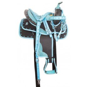 110913 Blue Youth Kids Quarter Horse Crystal Western Synthetic Saddle Tack Set Pad