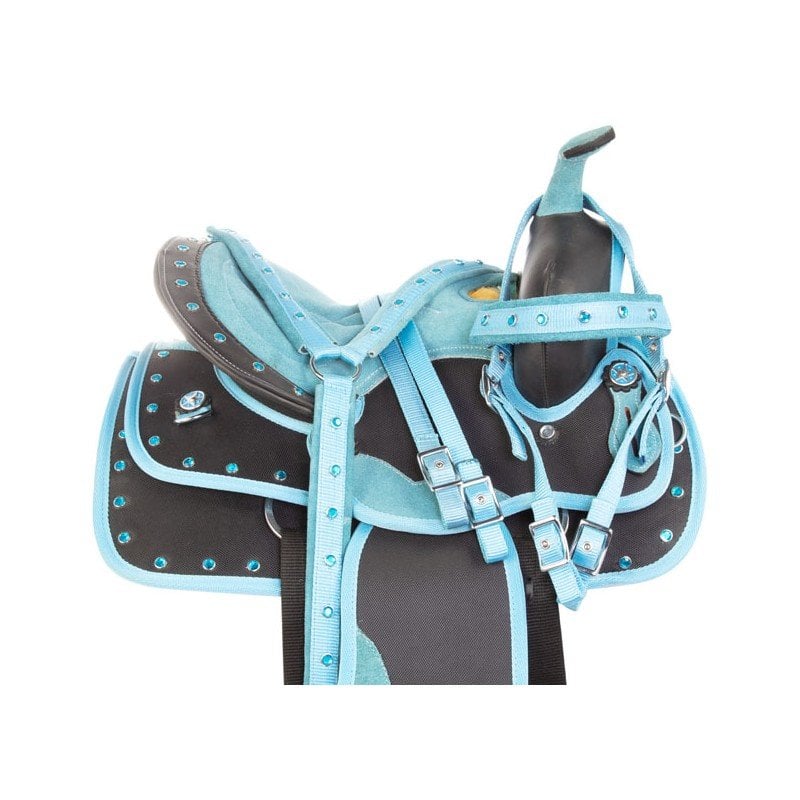 USED 16” TURQUOISE CRYSTAL SHOW HORSE SADDLE WESTERN SYNTHETIC LIGHT WEIGHT