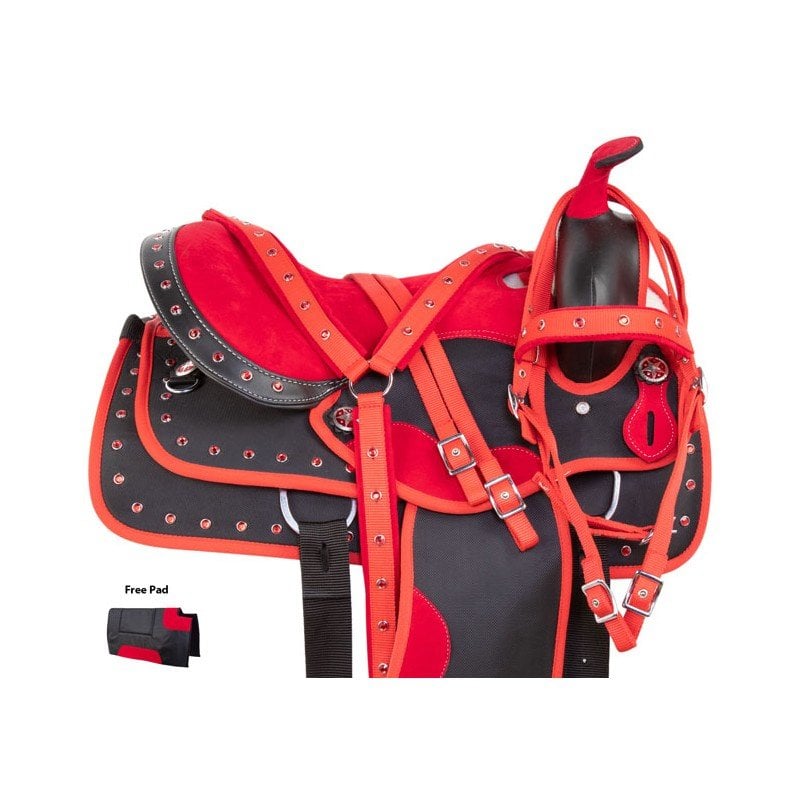 USED RED CRYSTAL 15” WESTERN BARREL RACING TRAIL SHOW CORDURA HORSE SADDLE TACK 