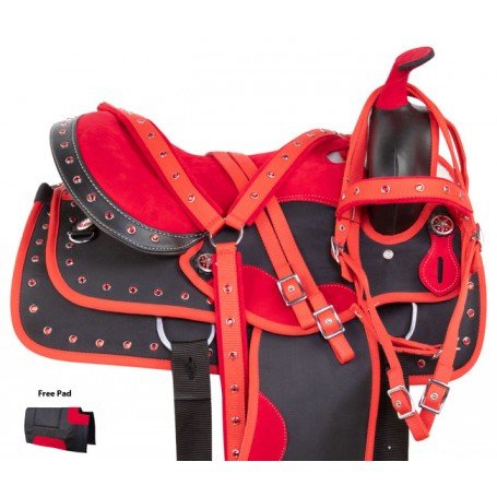 Red Crystal Western Synthetic Barrel Racer Trail Horse Saddle Tack Set