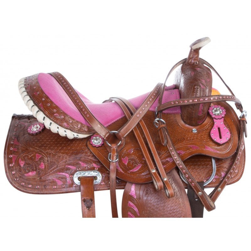 Leather Floral Tooling 12" Western Barrel Racing Saddle H/stall+B/Collar 