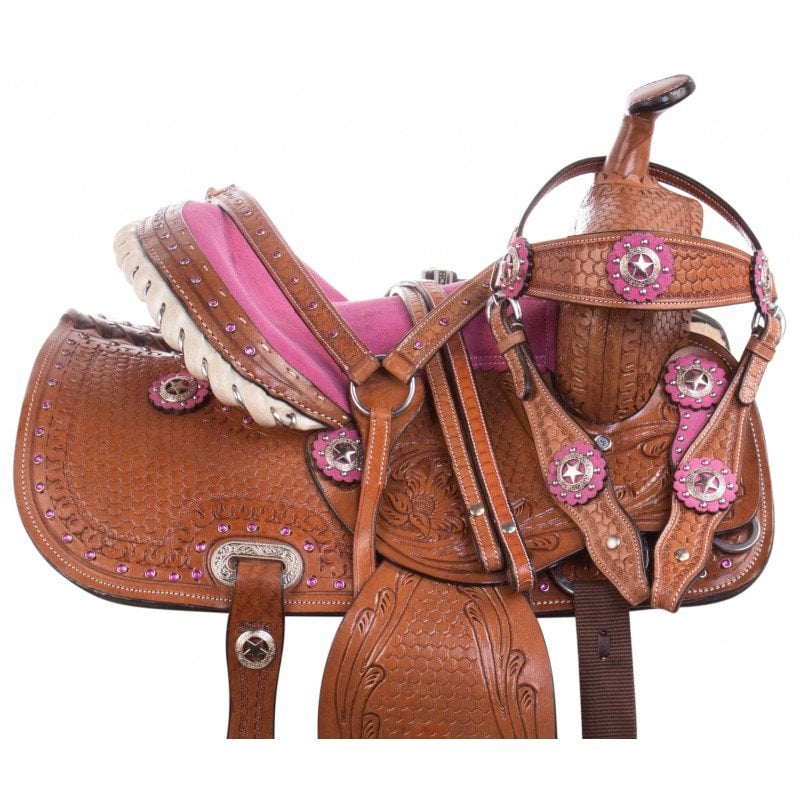 13" Western Youth Barrel Saddle-Genuine Leather-H/stall+B/Collar-PINK 